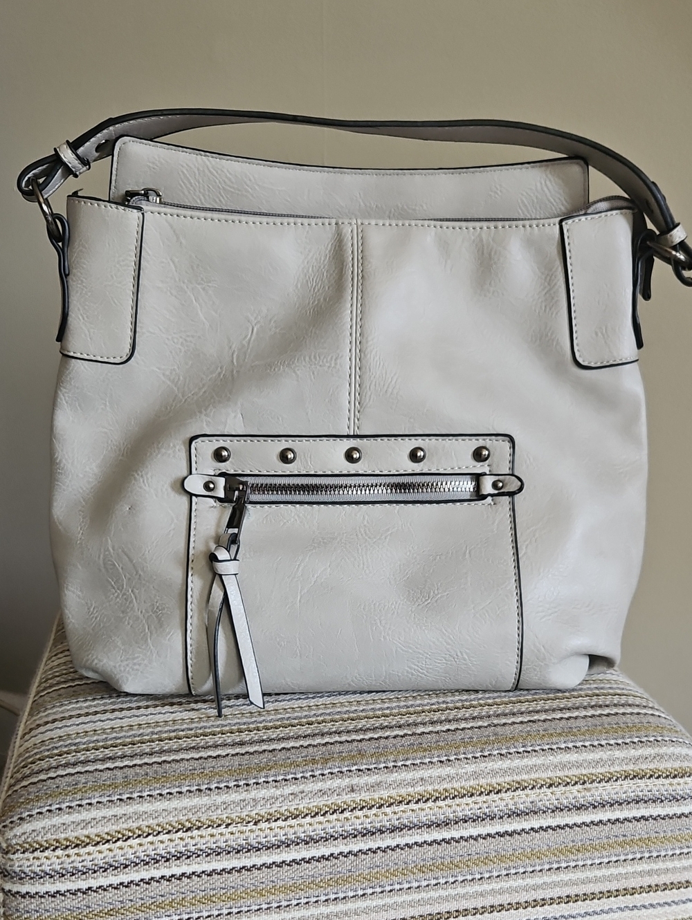 Beige Shoulder Bag with Front Zip Accent